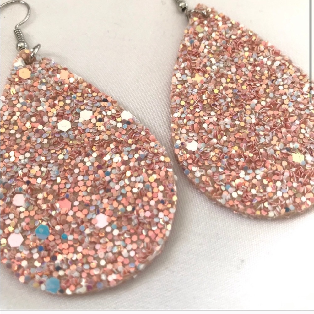 Leather Pink Glitter Sparkle Statement Earrings - Picture 2 of 4